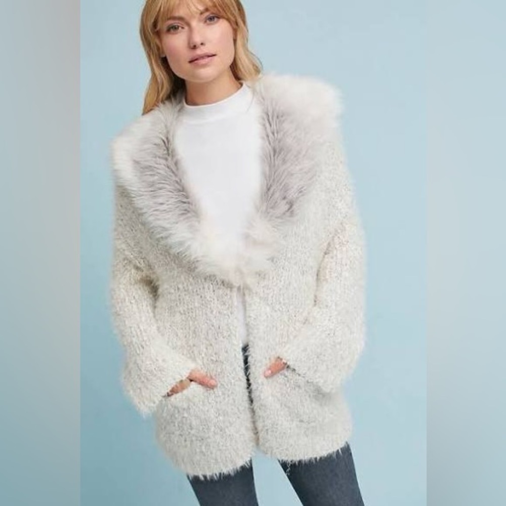Anthro sleeping on snow fuzzy knit textural sweater or jacket with  fur collar
